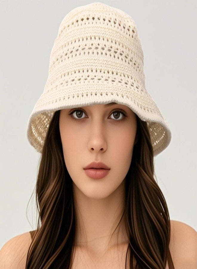 FALETO Women Foldable Sun Hats Mesh Woven Bucket Hat Hollow Out Summer Hats for Traveling Beach Sunbathing Beige - Image 5