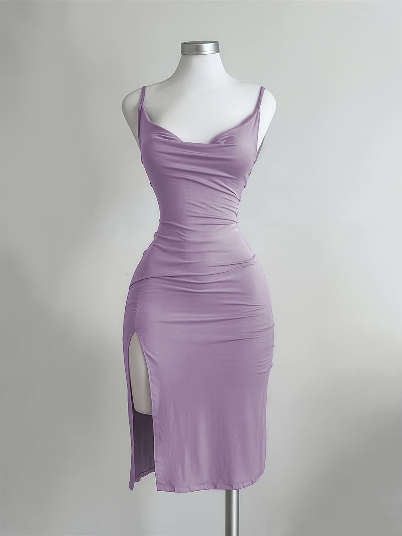 Y2K Slit Spaghetti Strap Solid Color Women's Dress, Suitable for Vacation, Festivals, Daily Wear, Shopping, Dating, Beach Mini Skirt - Image 2