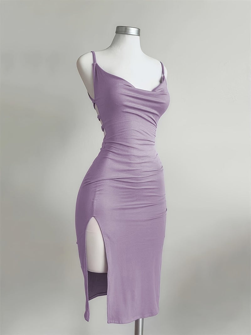 Y2K Slit Spaghetti Strap Solid Color Women's Dress, Suitable for Vacation, Festivals, Daily Wear, Shopping, Dating, Beach Mini Skirt - Image 3