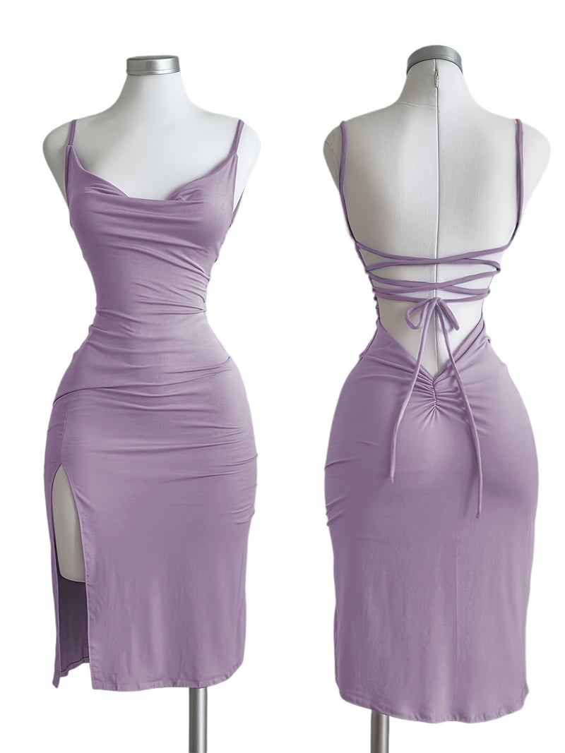 Y2K Slit Spaghetti Strap Solid Color Women's Dress, Suitable for Vacation, Festivals, Daily Wear, Shopping, Dating, Beach Mini Skirt - Image 1