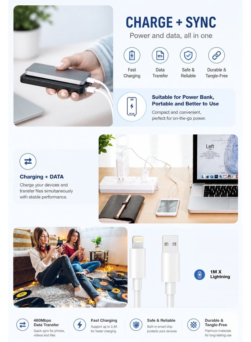 كابل لايتننج إلى USB بطول 1 متر – شحن سريع ونقل بيانات – متوافق مع iPhone و iPad – لون أبيض - Image 3