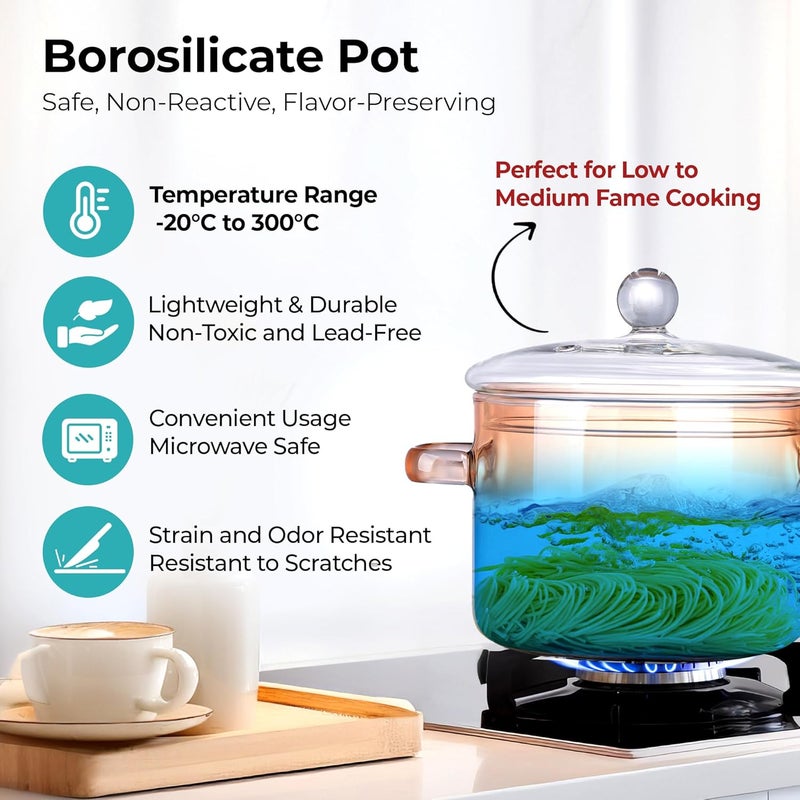 The Better Home أواني الطهي من زينو زجاج البورسليكات من ذا بيتر هوم للموقد الغازي سعة 14 لتر مع غطاء وعاء هاندي صغير لعمل الشاي والحليب هدية ديوالي هدية لتدشين المنزل باللون الكهرماني والأزرق - Image 2