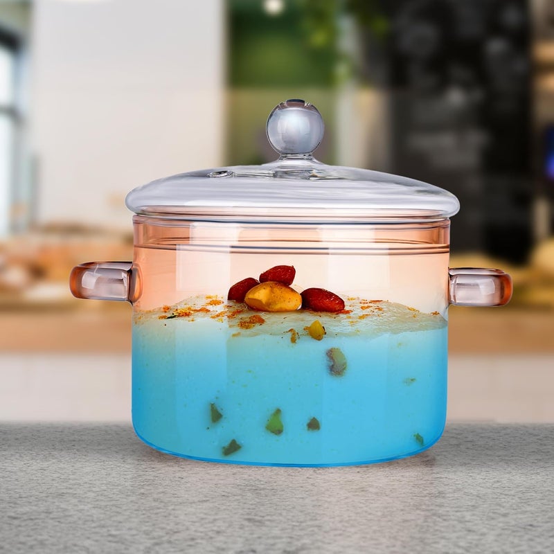 The Better Home أواني الطهي من زينو زجاج البورسليكات من ذا بيتر هوم للموقد الغازي سعة 14 لتر مع غطاء وعاء هاندي صغير لعمل الشاي والحليب هدية ديوالي هدية لتدشين المنزل باللون الكهرماني والأزرق - Image 1
