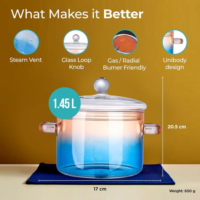 The Better Home أواني الطهي من زينو زجاج البورسليكات من ذا بيتر هوم للموقد الغازي سعة 14 لتر مع غطاء وعاء هاندي صغير لعمل الشاي والحليب هدية ديوالي هدية لتدشين المنزل باللون الكهرماني والأزرق - Image 3