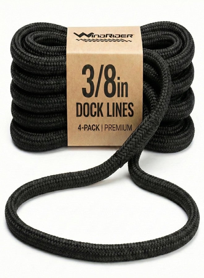 WindRider Dock Lines for Boats - 4 Pack of 3/8" x 15 Ft Double Braided Nylon Rope with 12-Inch Eyelet Whipped Ends – Marine Lines Grade Black Rope for Docking, Mooring, and Securing Boats - Image 1
