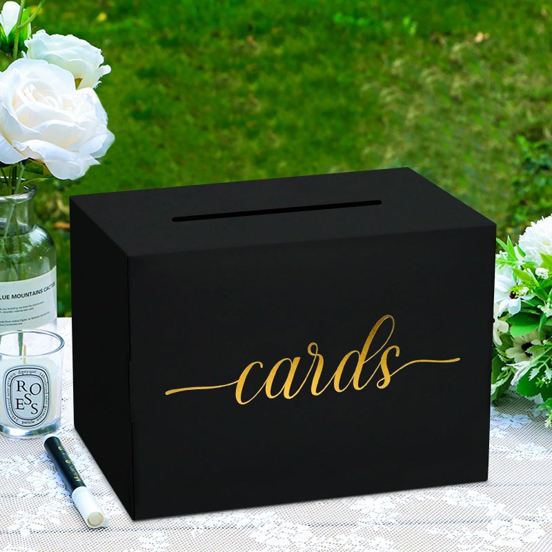 Mulbozy Black Card Box for Party, Gift Cards Box Holder with Gold Foil Design for Wedding Receptions, Bridal & Baby Showers, Graduations, Voting, Donate Money, Retirements, Anniversaries - Image 2