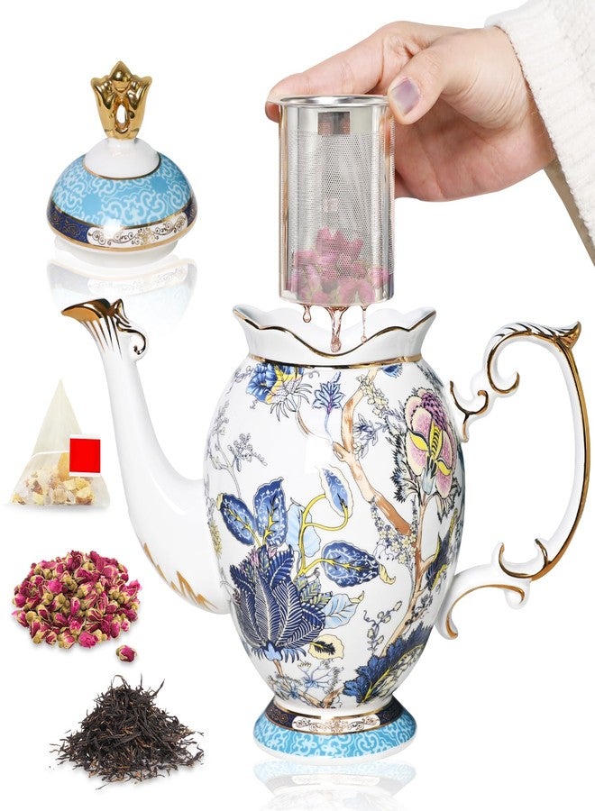 ACMLIFE Teapot with Infuser - Elegant Bone China Porcelain Ceramic Tea Pot-Cool Handle & Drip-Free Spout, Classic Vintage Blue and White Teapot Set for One, Gift Packing Box (Blue-A) - Image 1