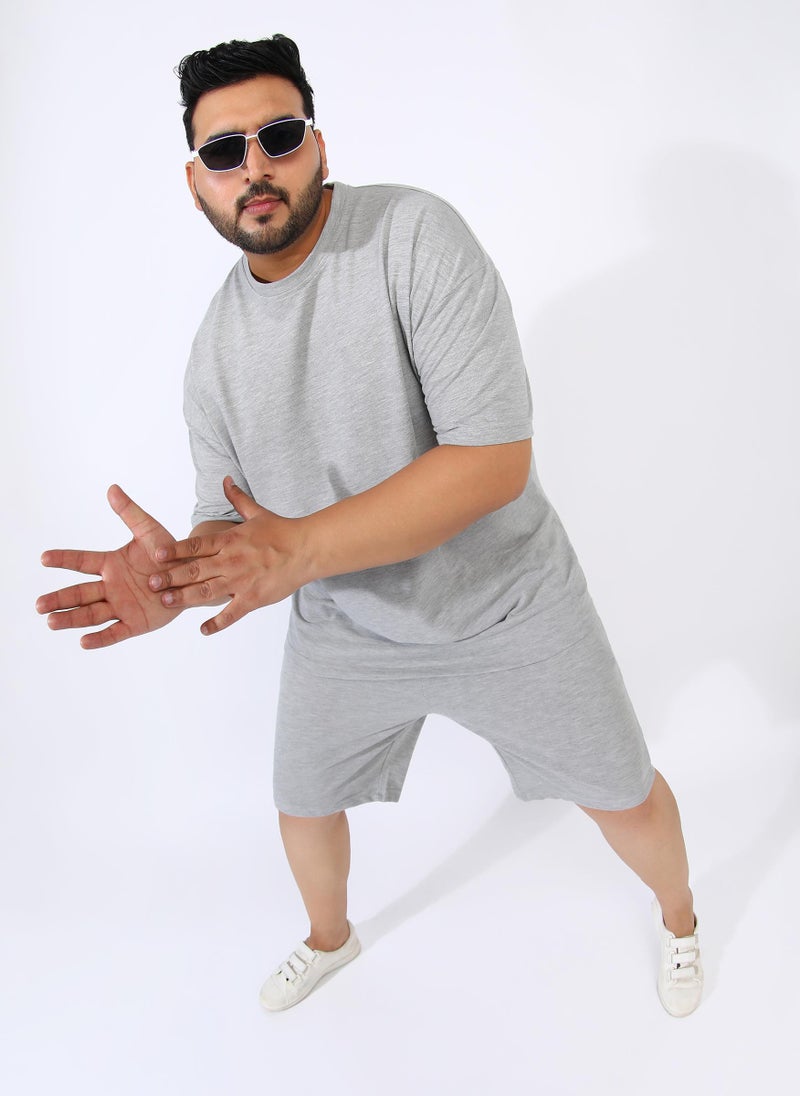 Instafab Plus Men's Light Grey Solid Co-Ord Set For Casual Wear | Crew Neck | Short Sleeve | Pull On Closure | Plus-Size Co-Ords Crafted With Comfort Fit For Everyday Wear - Image 1