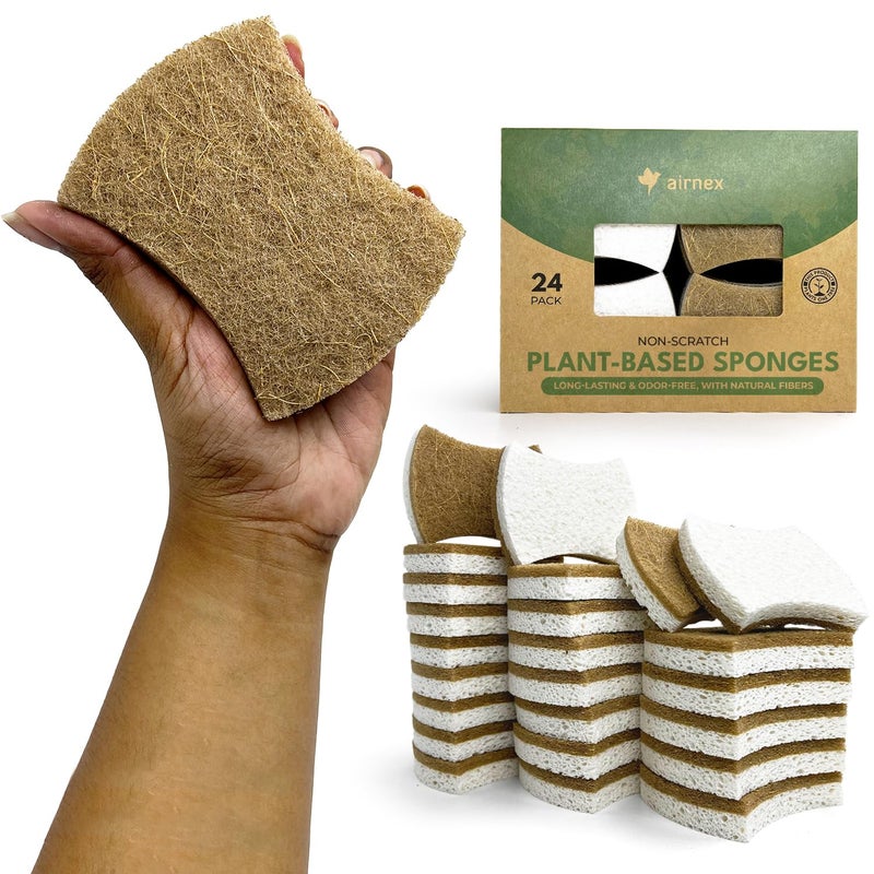 AIRNEX Biodegradable Natural Kitchen Sponges Pack of 24  Cellulose and Coconut Kitchen Dishwashing Scrubbers  Eco Friendly NonScratch Heavy Duty Kitchen Sponges and Scrubbers for Dishes