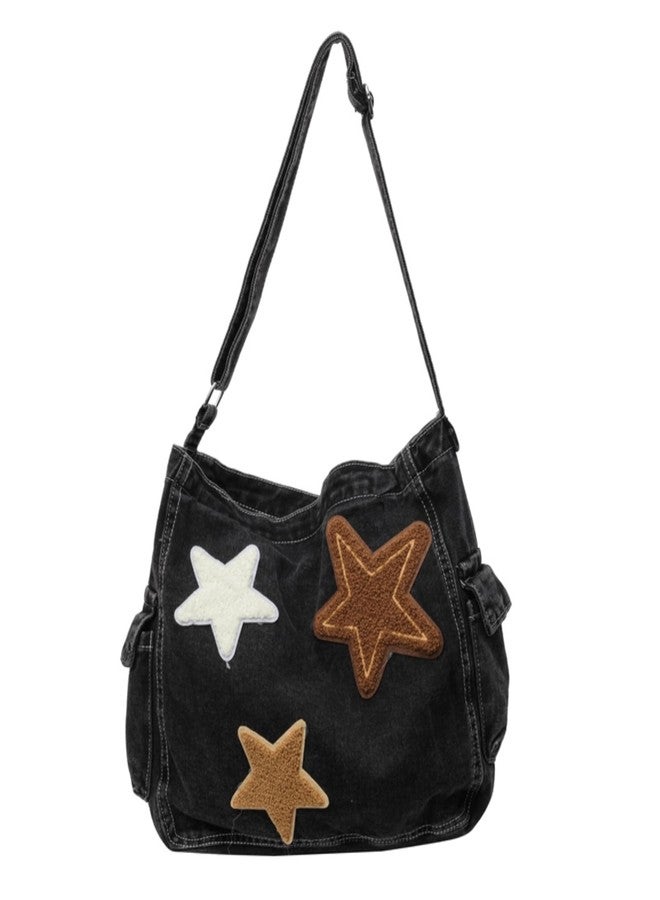 KANGDAWEI Vintage Star Denim Messenger Bag, Aesthetic Y2K Jean Tote Bag for Women Men, Casual Retro Hobo Bag for Travel Vacation Work (Black) - Image 1