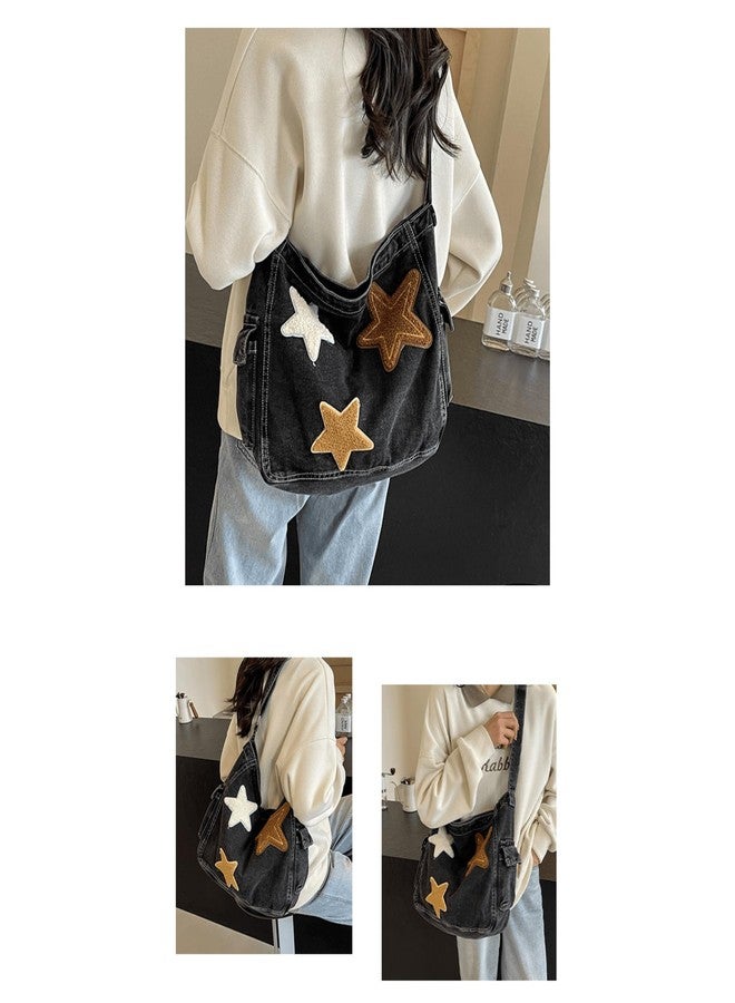 KANGDAWEI Vintage Star Denim Messenger Bag, Aesthetic Y2K Jean Tote Bag for Women Men, Casual Retro Hobo Bag for Travel Vacation Work (Black) - Image 3