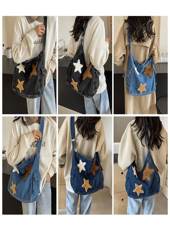 KANGDAWEI Vintage Star Denim Messenger Bag, Aesthetic Y2K Jean Tote Bag for Women Men, Casual Retro Hobo Bag for Travel Vacation Work (Black) - Image 4