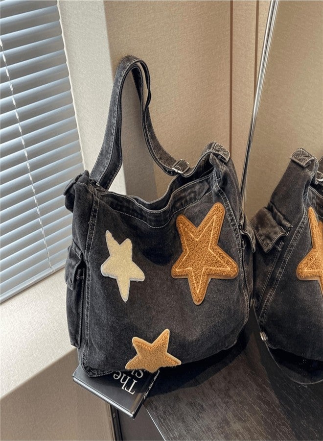 KANGDAWEI Vintage Star Denim Messenger Bag, Aesthetic Y2K Jean Tote Bag for Women Men, Casual Retro Hobo Bag for Travel Vacation Work (Black) - Image 2
