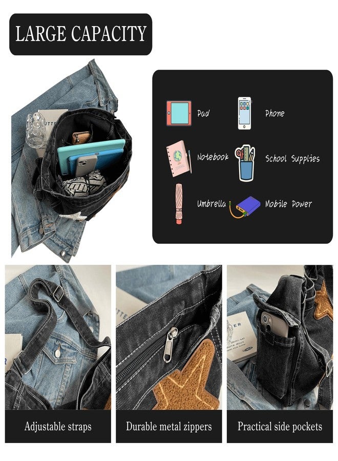 KANGDAWEI Vintage Star Denim Messenger Bag, Aesthetic Y2K Jean Tote Bag for Women Men, Casual Retro Hobo Bag for Travel Vacation Work (Black) - Image 5