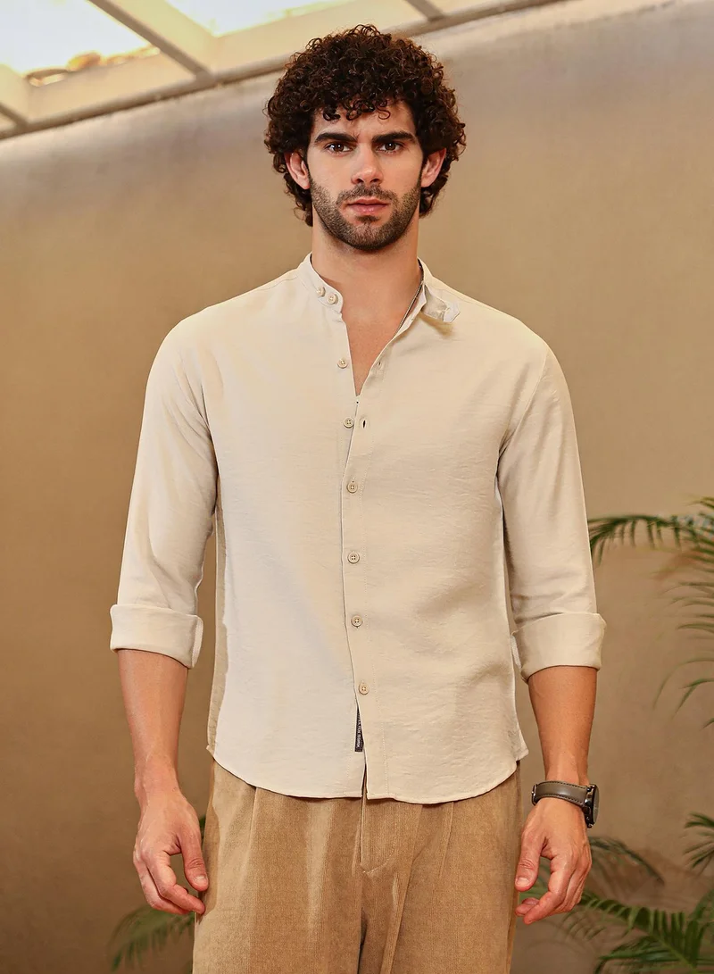 Campus Sutra Men's Ecru Beige Breezy Mandarin Shirt For Casual Wear | Mandarin Collar | Long Cuffed Sleeves | Button Closure | Shirt Crafted With Comfort Fit For Everyday Wear
