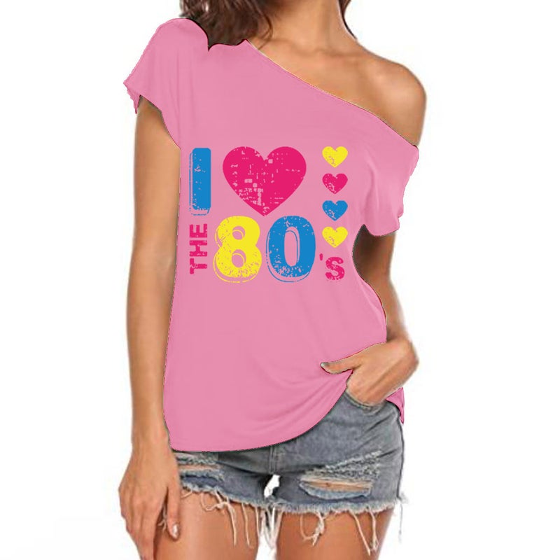 I Love The 80's oblique collar off-shoulder irregular short sleeve T-shirt women - Image 1