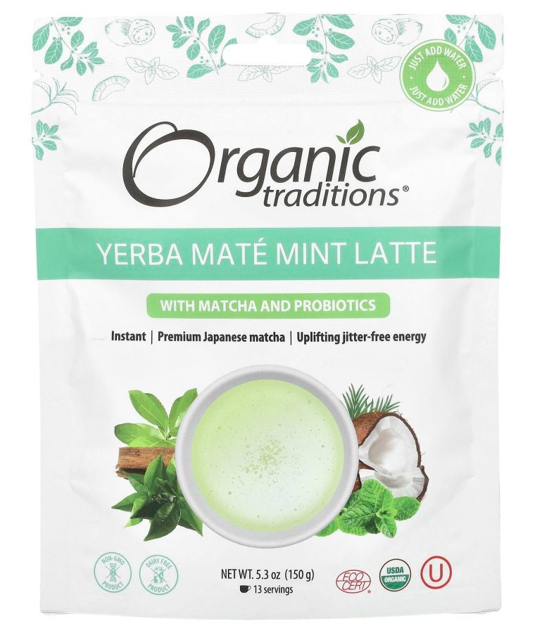 Organic Traditions Yerba Mate Mint Latte with Matcha and Probiotics 5.3 oz (150 g)