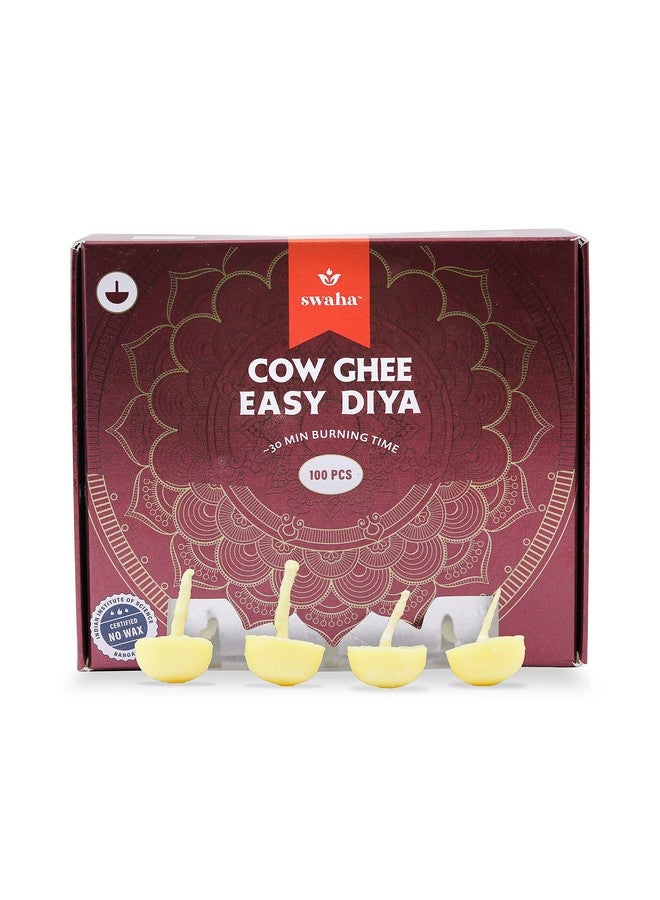 Swaha IISC Certified Premium Cow Ghee Diya (100 Pieces), 30min Burning Time, Wax Free Cow Ghee Diya Batti - Pack of 1 - Image 1