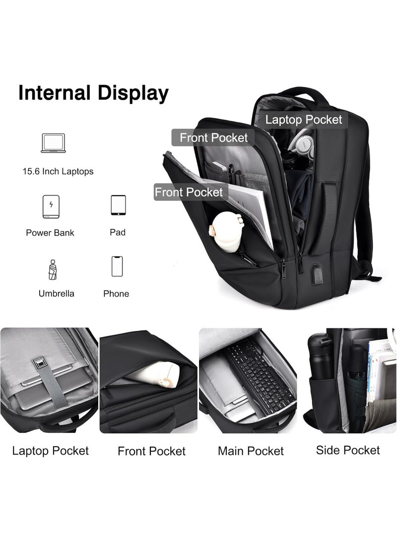 Miya Business Casual Backpack Laptop backpack Travel backpack Rucksack for men Laptop Rucksack Work bag Waterproof rucksack Expandable Backpack with USB Charging Port PU film Daypacks Black - Image 4