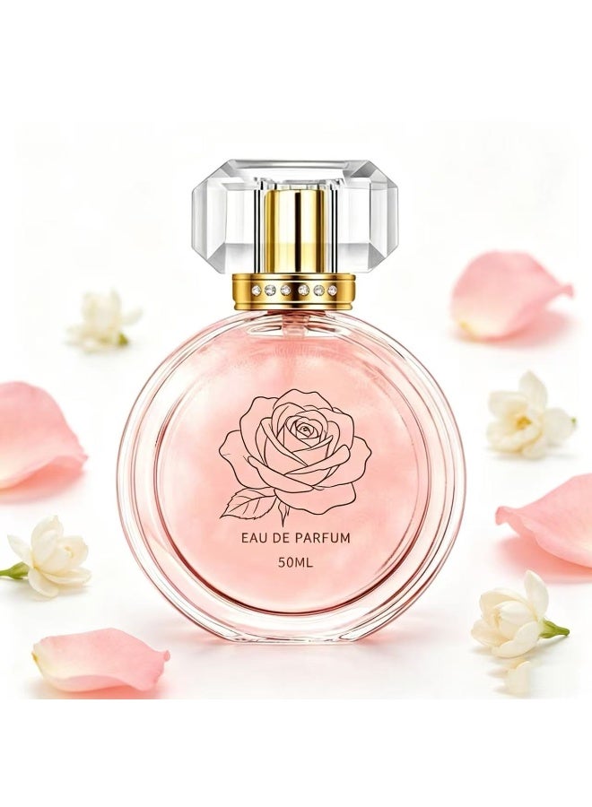 عطر ورد سائل بريق وردي فاخر للنساء، سعة 50 مل برائحة زهور وحمضيات طويلة الأمد، زجاج عطر كريستال أنيق، هدية مثالية للنساء للاستخدام اليومي والمناسبات - Image 1