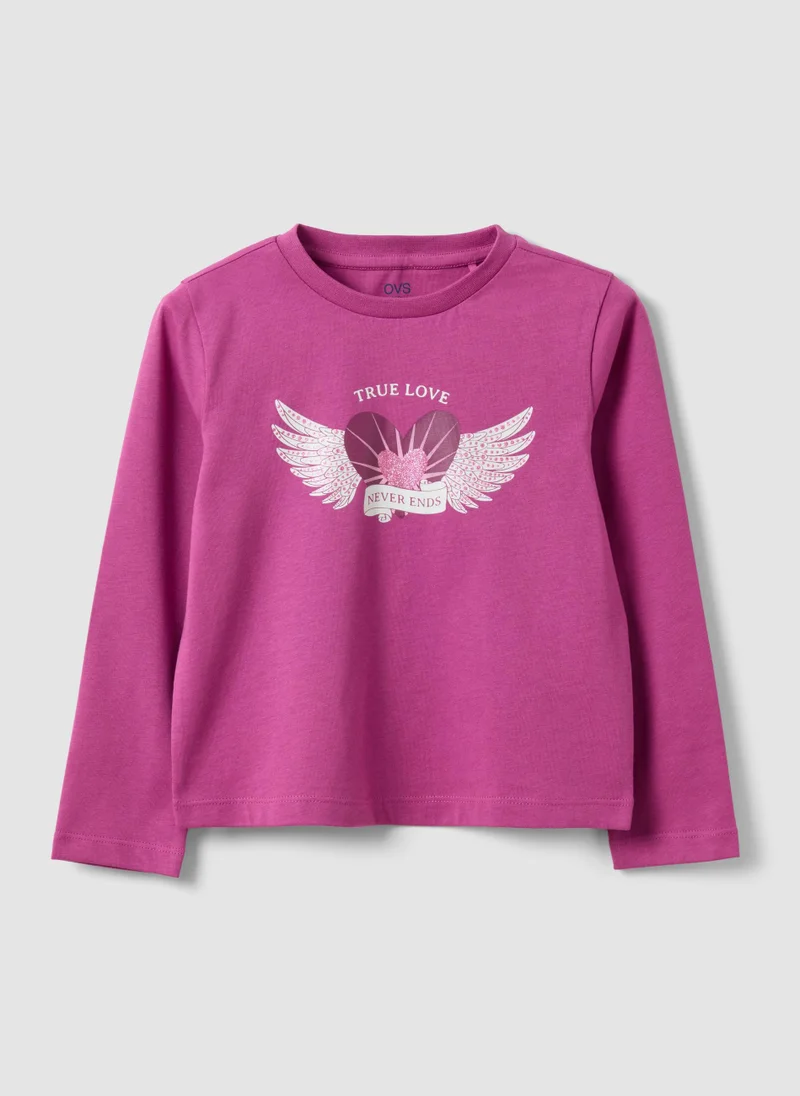 او في اس OVS Purple pure organic cotton T-shirt with heart and wings print for girls