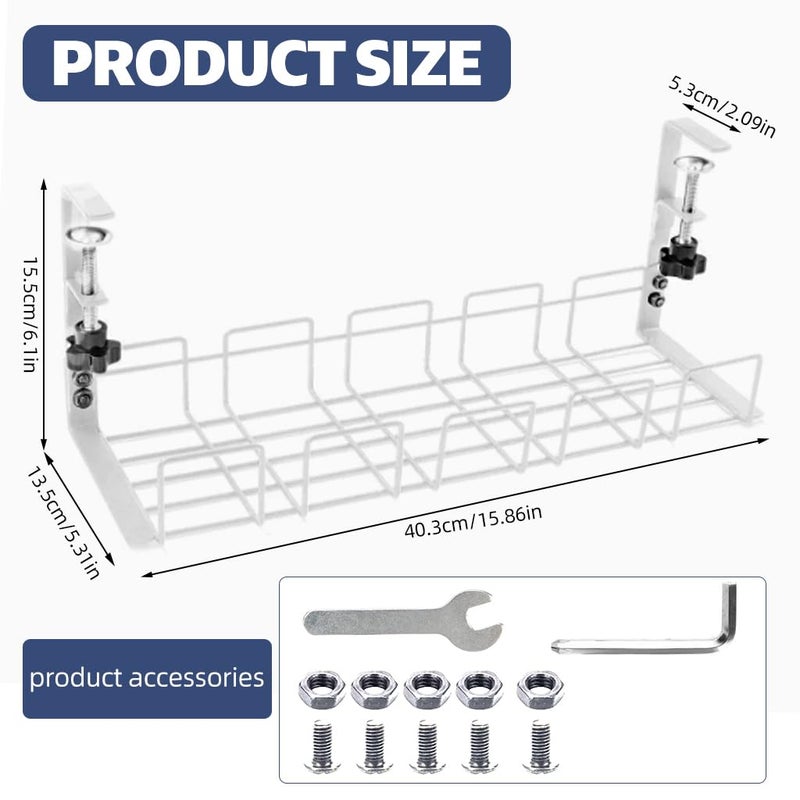 OFIFO ® No Drill Hanging Under Desk Cable Management Tray, Space-Saving Rack, Sturdy Metal Wire Organizer Basket for Office and Home Standing Desk, 40x13x15cm (White) - Image 2