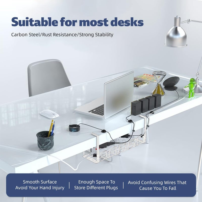 OFIFO ® No Drill Hanging Under Desk Cable Management Tray, Space-Saving Rack, Sturdy Metal Wire Organizer Basket for Office and Home Standing Desk, 40x13x15cm (White) - Image 3