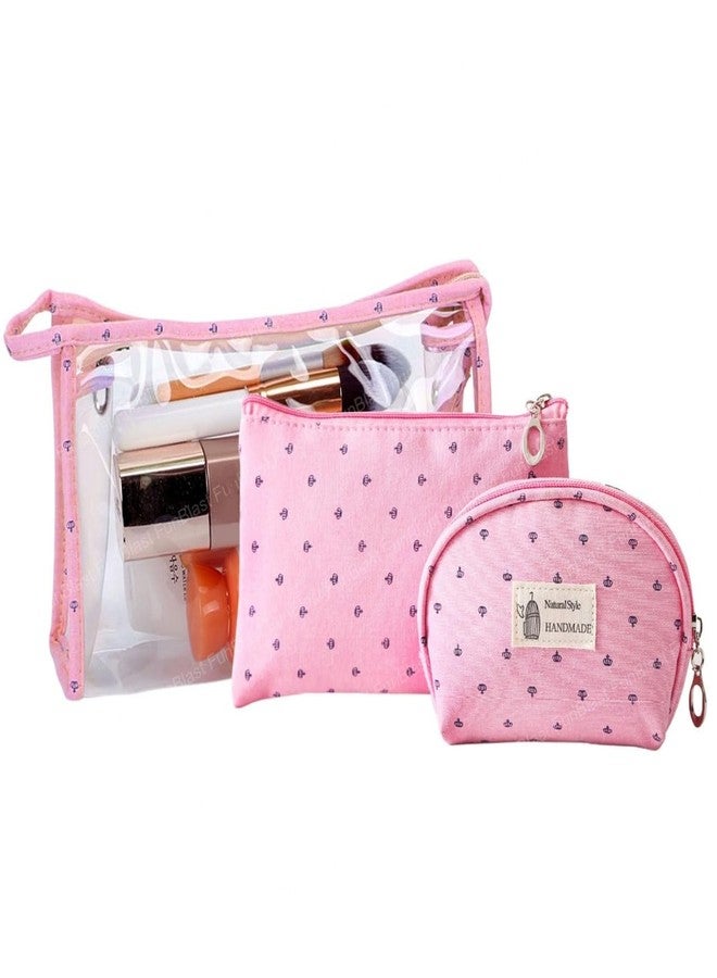 FunBlast Cosmetic Pouch Makeup Pouch Vanity Bag Travel Organizer Toiletry Pouch for Women - Pack of 3 Pcs Pouch with Zipper Lock, Portable Travel Kit Bag, Money Purse for Girls & Women (Pink) - Image 1