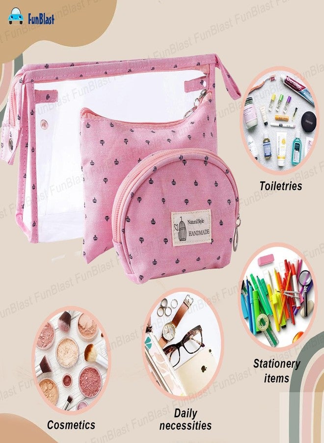 FunBlast Cosmetic Pouch Makeup Pouch Vanity Bag Travel Organizer Toiletry Pouch for Women - Pack of 3 Pcs Pouch with Zipper Lock, Portable Travel Kit Bag, Money Purse for Girls & Women (Pink) - Image 4