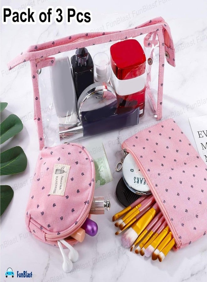 FunBlast Cosmetic Pouch Makeup Pouch Vanity Bag Travel Organizer Toiletry Pouch for Women - Pack of 3 Pcs Pouch with Zipper Lock, Portable Travel Kit Bag, Money Purse for Girls & Women (Pink) - Image 3