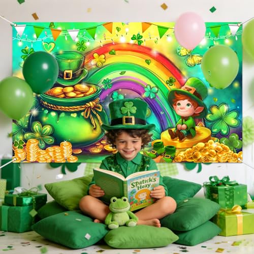 Mocsicka Happy St Patricks Day Banner Lucky Clover Rainbow Gold Coins Green Shamrock Photo Backdrop Banner St. Patrick's Day Party Decorations Photo Backdrop for Home (Green, 70.8 x 43.3 Inch) - Image 2