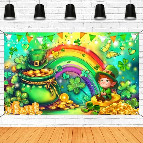 Mocsicka Happy St Patricks Day Banner Lucky Clover Rainbow Gold Coins Green Shamrock Photo Backdrop Banner St. Patrick's Day Party Decorations Photo Backdrop for Home (Green, 70.8 x 43.3 Inch) - Image 1