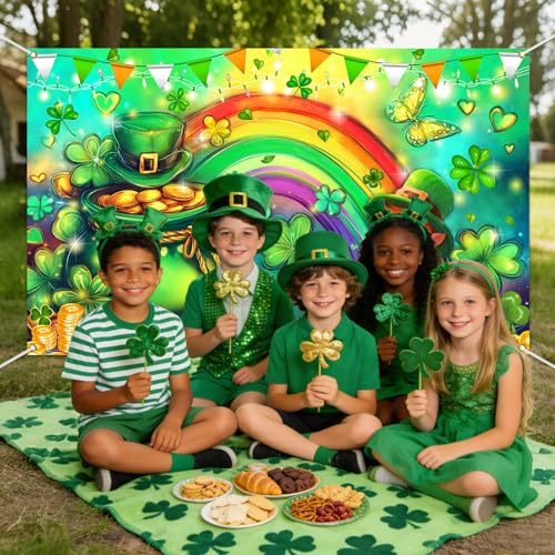 Mocsicka Happy St Patricks Day Banner Lucky Clover Rainbow Gold Coins Green Shamrock Photo Backdrop Banner St. Patrick's Day Party Decorations Photo Backdrop for Home (Green, 70.8 x 43.3 Inch) - Image 3