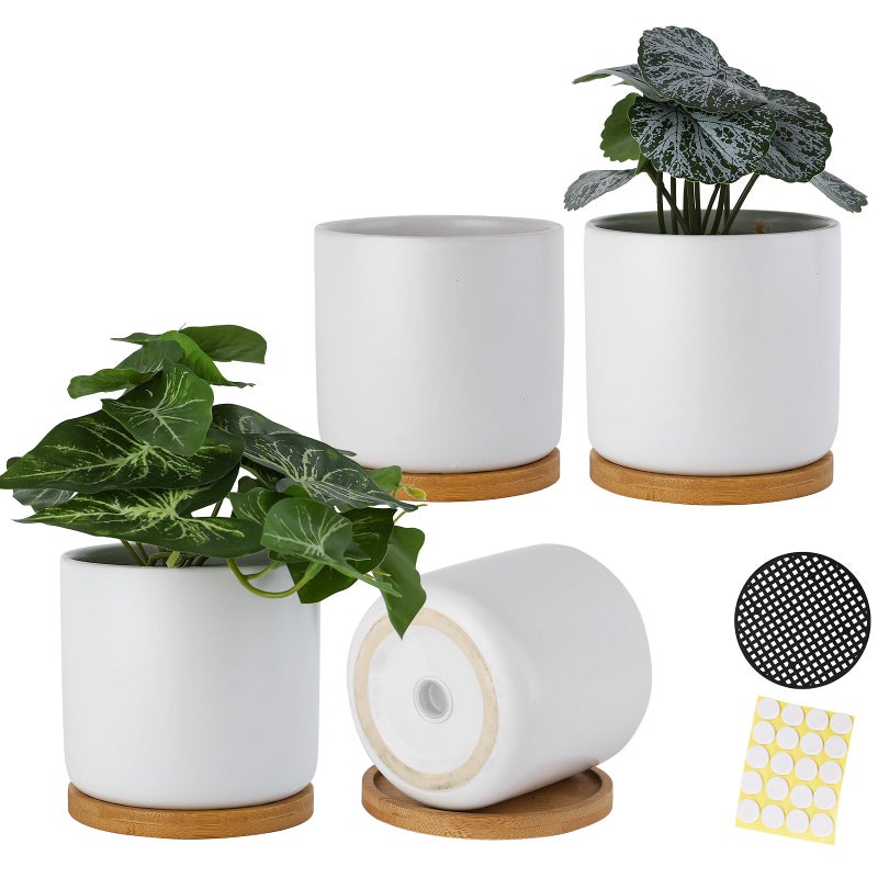 BABALIU 4 Inch Ceramic Plant Pots with Drainage Holes and Trays Adorable Small Cylinder Flower Planter Pot with Saucers for Indoor Plants Succulent Snake Plants Cactus  Herbs White Set of 4