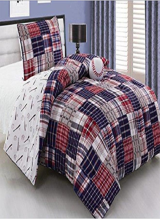 Grand Linen Grand Linen 3 - Piece Kids Twin Size Baseball Sports Theme Comforter Set with Plush Ball Included-Navy Blue, Red, White and Beige Plaid. Boys, Girls, Guest Room and School Dormitory Bedding  - Image 2