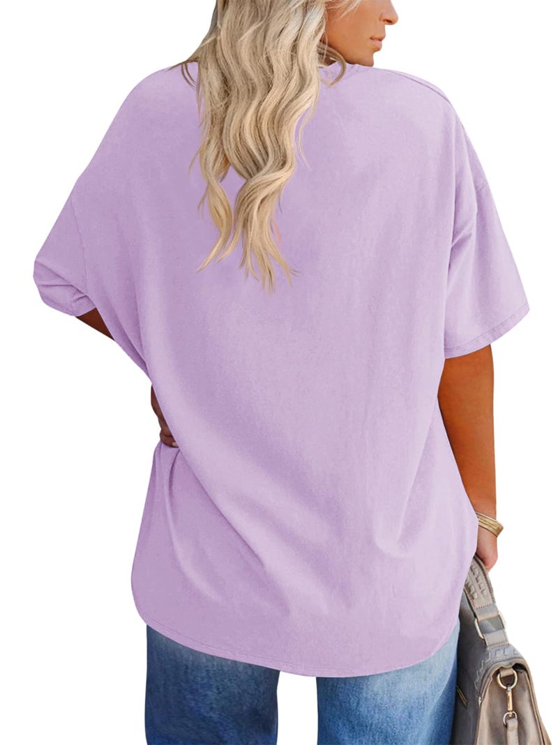 Fisoew Women's Plus Size V Neck T Shirts Summer Half Sleeve Tees Casual Loose Fit Cotton Tunic Tops Lavender - Image 2