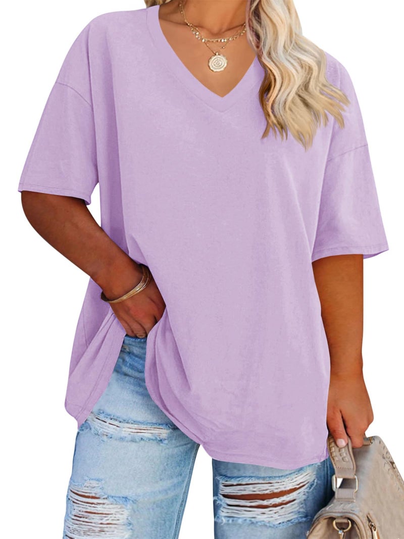 Fisoew Women's Plus Size V Neck T Shirts Summer Half Sleeve Tees Casual Loose Fit Cotton Tunic Tops Lavender - Image 1