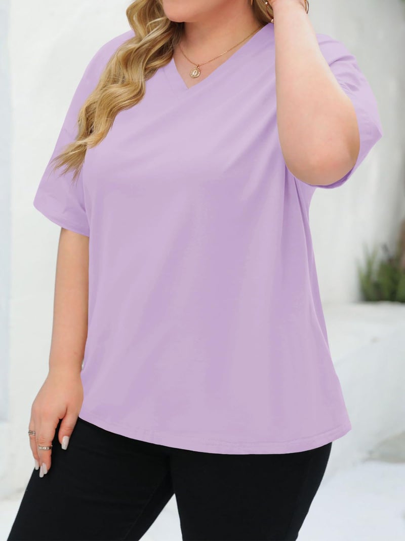 Fisoew Women's Plus Size V Neck T Shirts Summer Half Sleeve Tees Casual Loose Fit Cotton Tunic Tops Lavender - Image 4