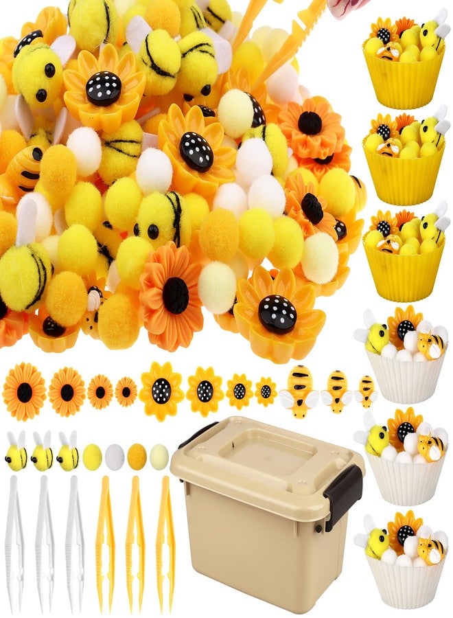 Easywiny 303Pcs Bee Sensory Bin Filler Fine Motor Toys Sunflower Counting Sorting 200 Felt Pompoms 40 Sunflowers 50 bees 6 Tweezers 6 Silicone Plates 1Storage Box for Counting Sorting DIY Crafts(Bee Sunflower) - Image 1