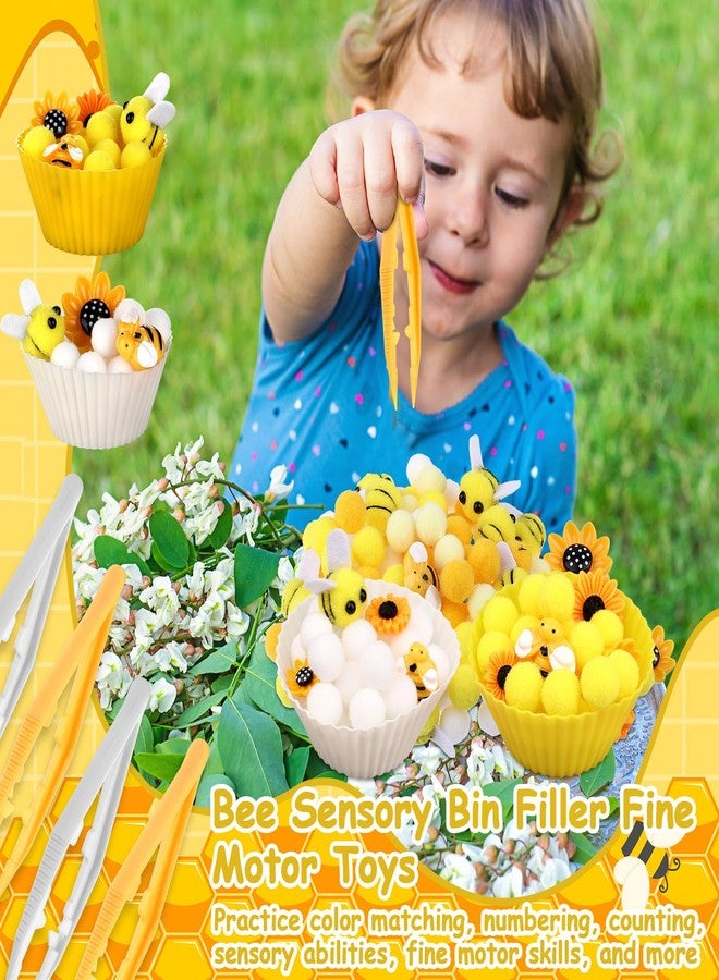 Easywiny 303Pcs Bee Sensory Bin Filler Fine Motor Toys Sunflower Counting Sorting 200 Felt Pompoms 40 Sunflowers 50 bees 6 Tweezers 6 Silicone Plates 1Storage Box for Counting Sorting DIY Crafts(Bee Sunflower) - Image 5