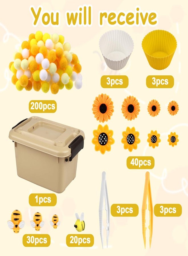 Easywiny 303Pcs Bee Sensory Bin Filler Fine Motor Toys Sunflower Counting Sorting 200 Felt Pompoms 40 Sunflowers 50 bees 6 Tweezers 6 Silicone Plates 1Storage Box for Counting Sorting DIY Crafts(Bee Sunflower) - Image 3
