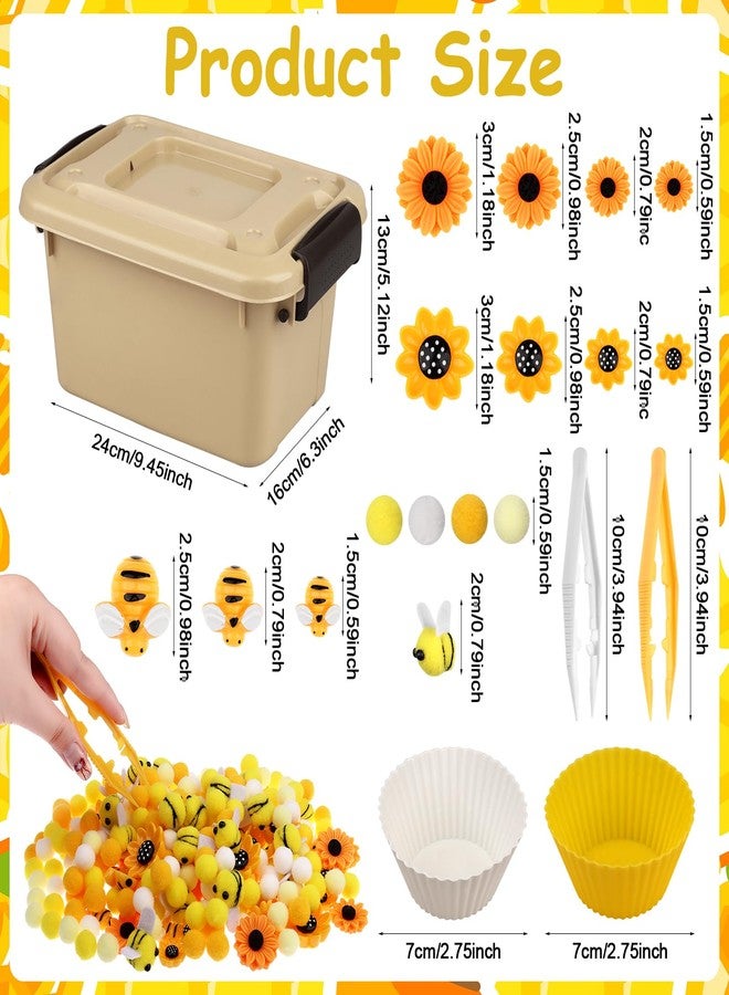 Easywiny 303Pcs Bee Sensory Bin Filler Fine Motor Toys Sunflower Counting Sorting 200 Felt Pompoms 40 Sunflowers 50 bees 6 Tweezers 6 Silicone Plates 1Storage Box for Counting Sorting DIY Crafts(Bee Sunflower) - Image 2