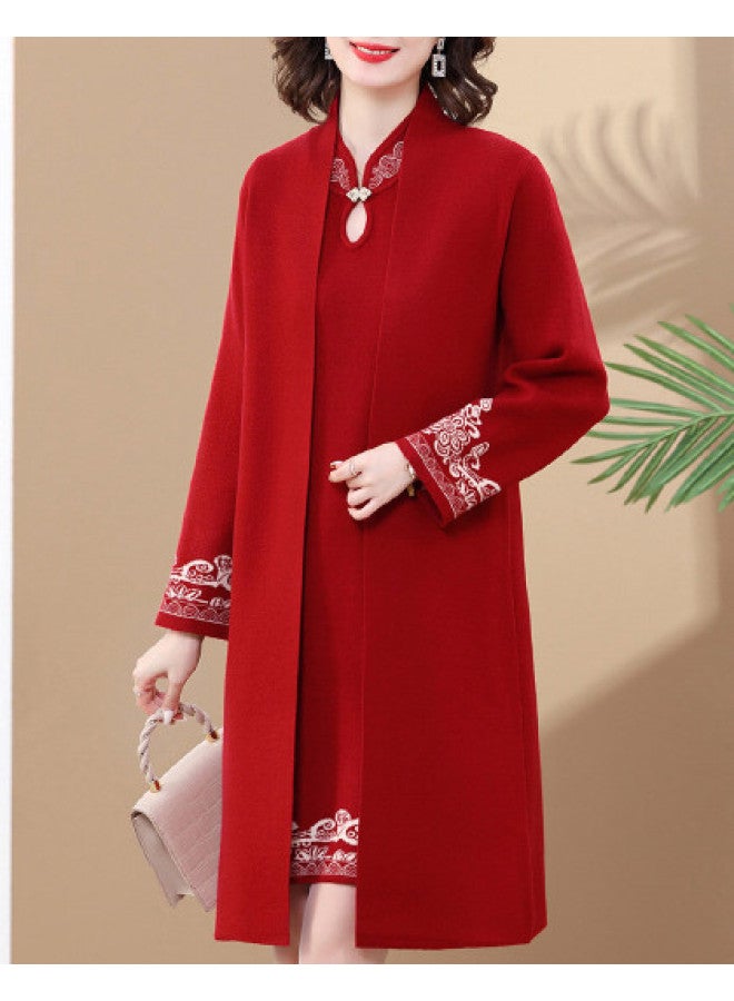 Tucano Wedding Banquet Dress Set For Mother Of The Bride, Two-Tone Woven Cheongsam Dress With Knitted Cardigan Two-Piece Set - Image 1