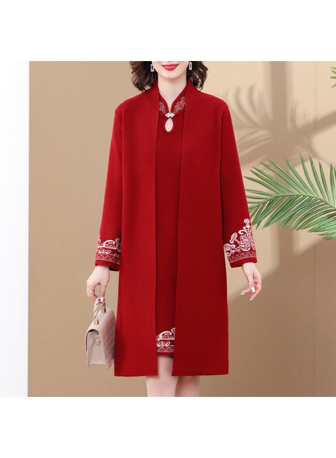 Tucano Wedding Banquet Dress Set For Mother Of The Bride, Two-Tone Woven Cheongsam Dress With Knitted Cardigan Two-Piece Set - Image 4