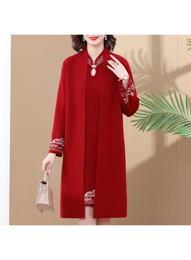 Tucano Wedding Banquet Dress Set For Mother Of The Bride, Two-Tone Woven Cheongsam Dress With Knitted Cardigan Two-Piece Set - Image 3