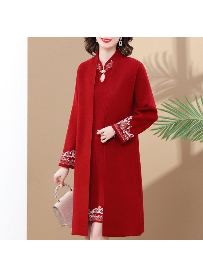 Tucano Wedding Banquet Dress Set For Mother Of The Bride, Two-Tone Woven Cheongsam Dress With Knitted Cardigan Two-Piece Set - Image 2