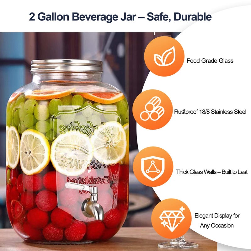 JOFUYU 2 Gallon Drink Dispensers for Parties, 2 Pack Beverage Dispensers with Stand, Glass Water Jug Dispenser, with 18/8 Stainless Steel Spigot, Great for Party, Wedding, Picnic, BBQ - Image 3