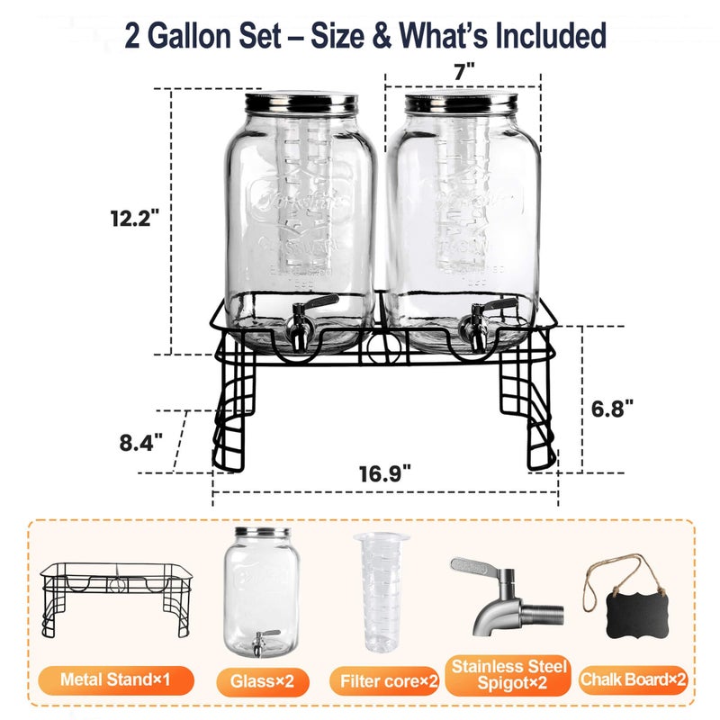 JOFUYU 2 Gallon Drink Dispensers for Parties, 2 Pack Beverage Dispensers with Stand, Glass Water Jug Dispenser, with 18/8 Stainless Steel Spigot, Great for Party, Wedding, Picnic, BBQ - Image 2