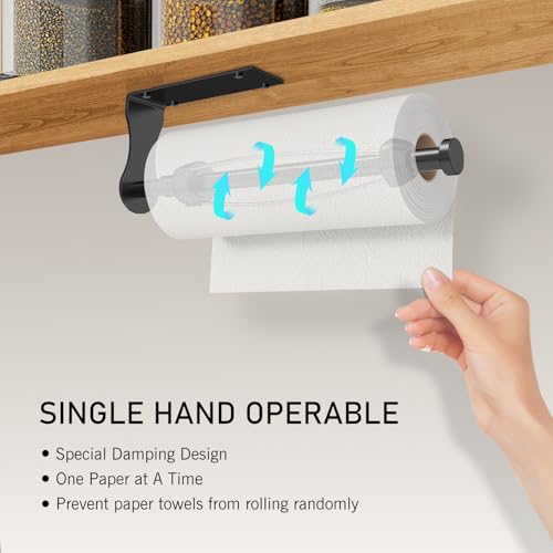 SetSail Paper Towel Holder, Single Hand Operable Paper Towel Holder Under Cabinet with Adjustable Damper, Easy Tear, Wall Mount, Self-Adhesive or Drilled for Kitchen Bathroom, Black - Image 3