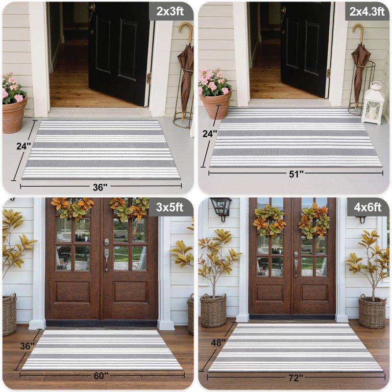 OJIA Entryway Rug 3'x5' Cotton Hand Woven Front Door Mat Outdoor Doormat Machine Washable Outdoor Rugs Grey and White Striped Entry Rug Porch Rugs for Farmhouse/Bedroom/Home Entrance Decor - Image 4